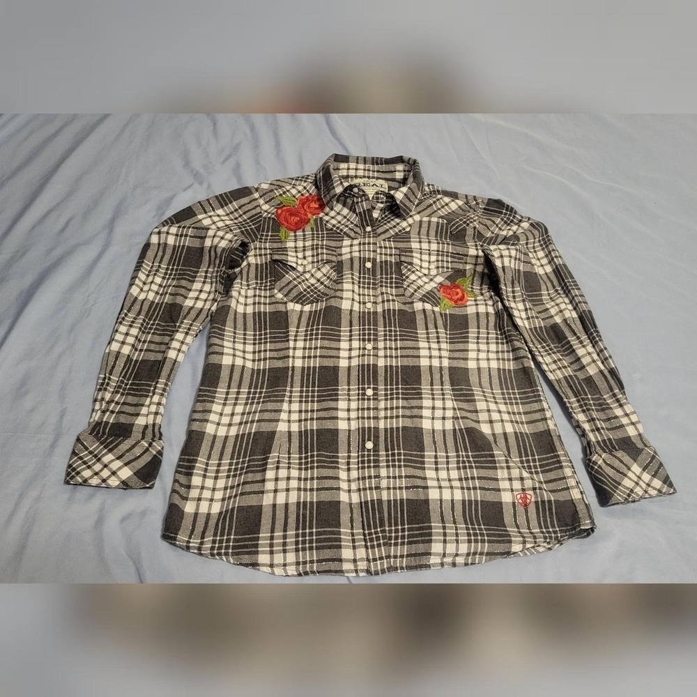Ariat Rose Embroidered Black/ White Snap Shirt Button Up Women's size Small